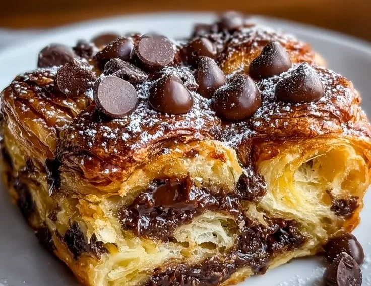 Decadent chocolate croissant breakfast bake topped with chocolate and flaky pastry