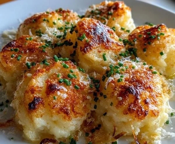 Plate of decadent creamy Duchess Potatoes with crispy edges