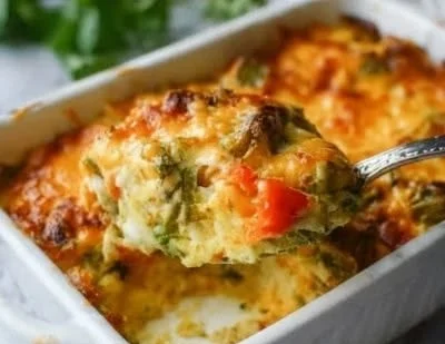 A serving of delicious Chile Relleno Casserole topped with melted cheese.