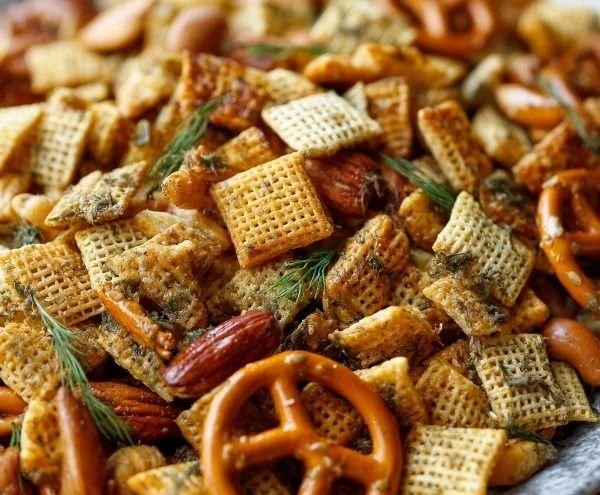 Bowl of homemade Dill Pickle Chex Mix with crunchy snacks and pickles