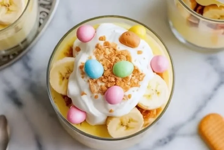 Easter Banana Pudding Cups with banana slices and whipped cream in clear cups