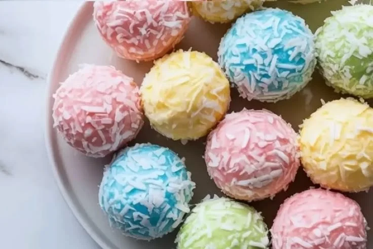 Easter Bunny Coconut Tails dessert with coconut and chocolate decorations
