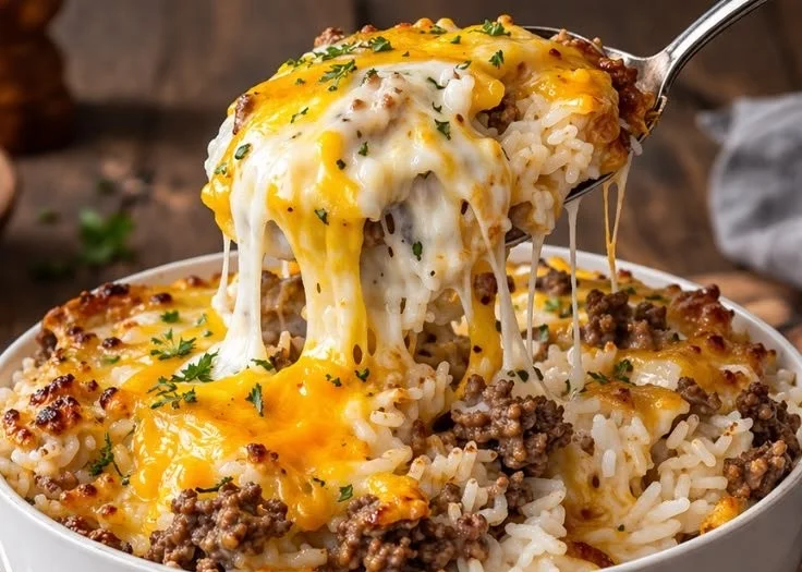 Bowl of easy cheesy beef rice topped with melting cheese and herbs