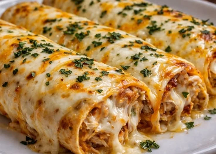 A delicious easy chicken enchilada casserole topped with cheese and garnished.