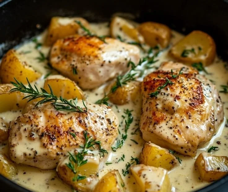 Creamy Dijon chicken with tender potatoes in a delicious sauce