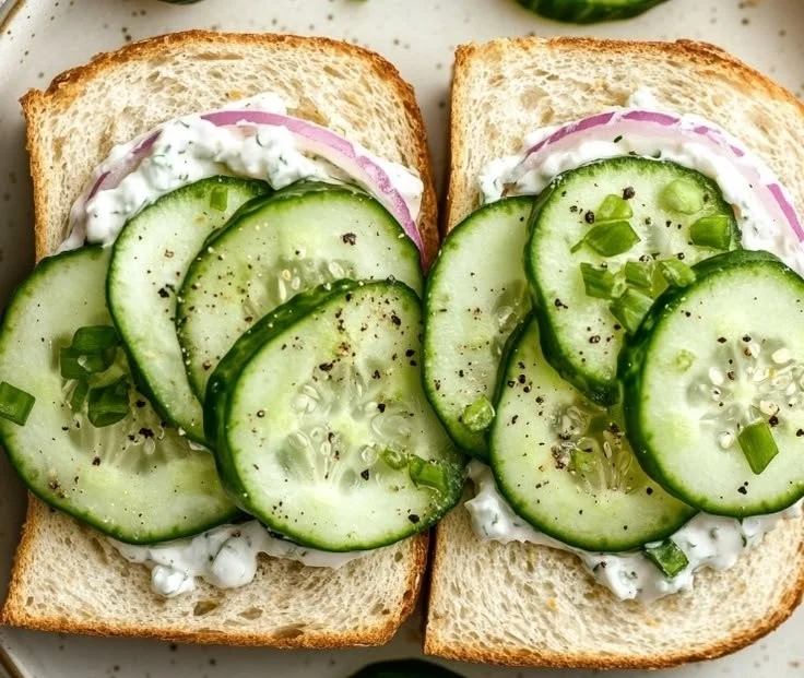 Easy cucumber sandwiches with cream cheese on a plate.