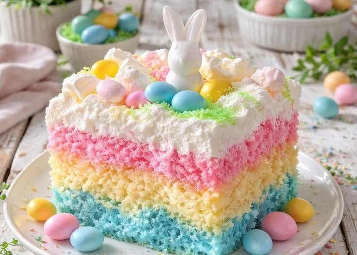 A slice of colorful Easy Easter Poke Cake topped with whipped cream and sprinkles.
