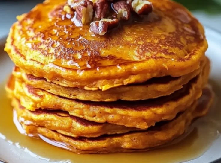 Stack of easy fluffy sweet potato pancakes topped with syrup and butter