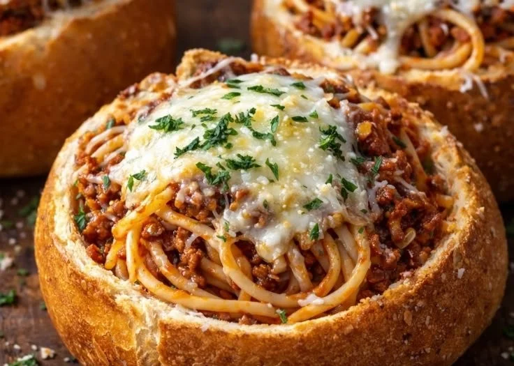 Easy garlic bread spaghetti bowls served in a bowl