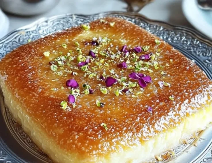 Delicious easy Kunafeh topped with melted mozzarella cheese and syrup