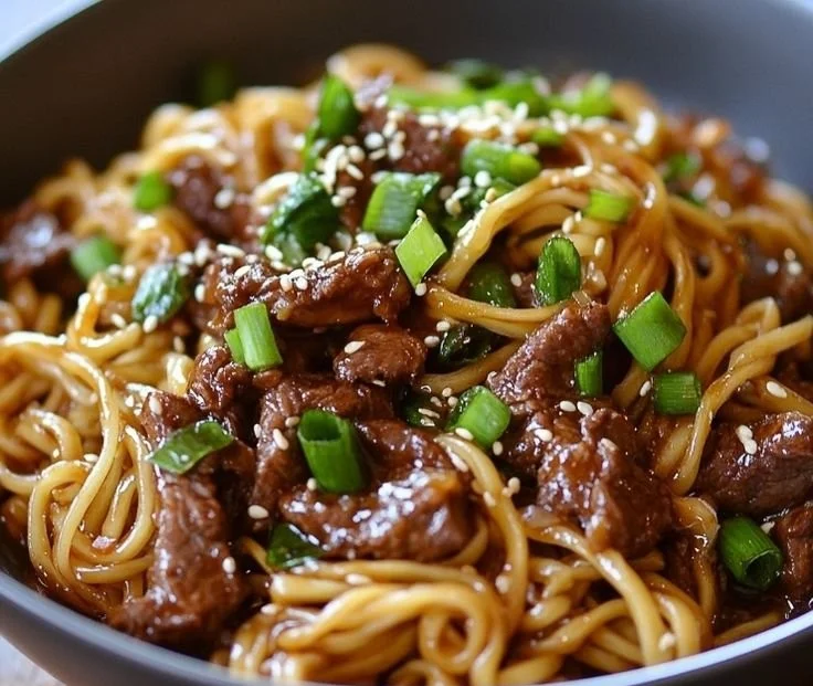 Easy Mongolian Beef Noodles dish prepared in 30 minutes