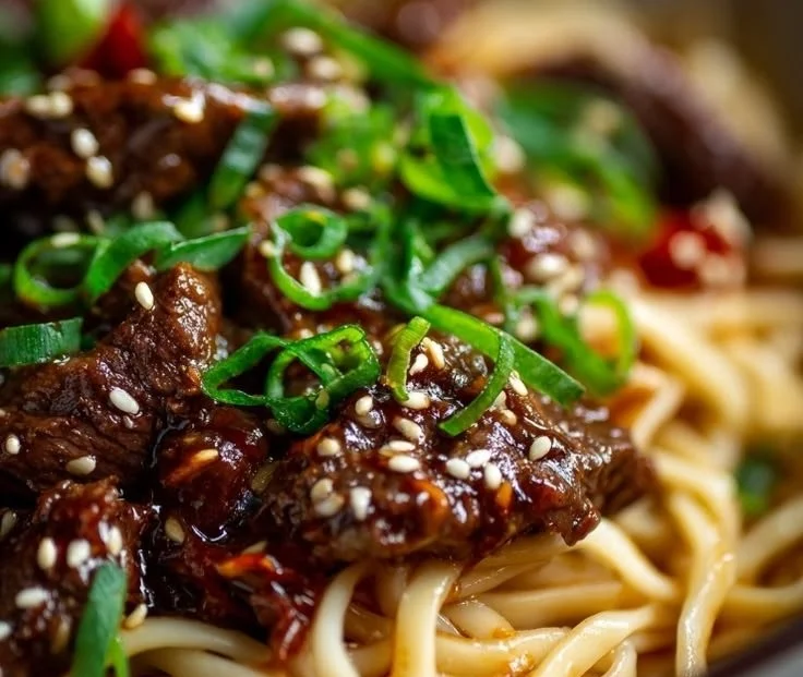 Delicious plate of easy Mongolian Beef Noodles ready in 30 minutes