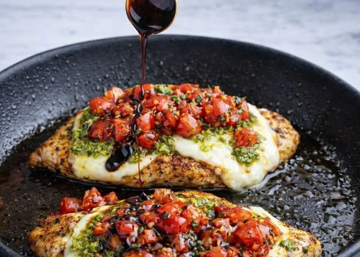 Easy Pesto Bruschetta Chicken garnished with fresh basil and tomatoes