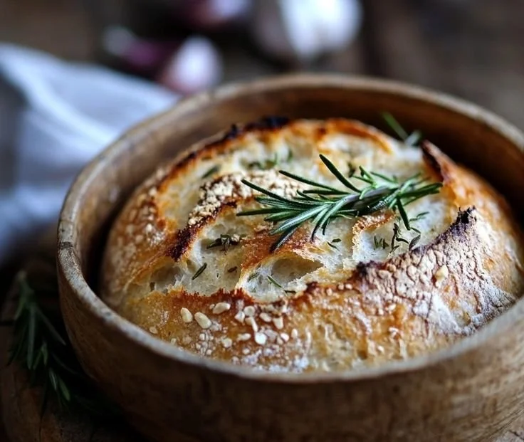 Easy roasted garlic and rosemary sourdough bread on a wooden table
