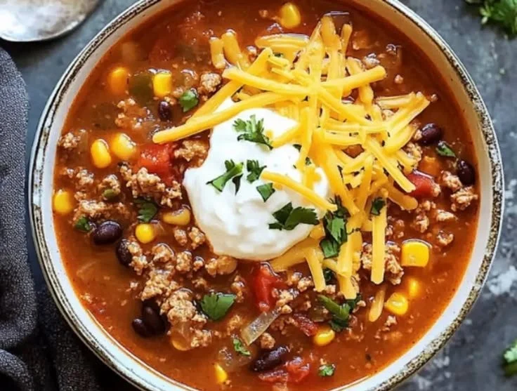 Bowl of easy taco soup topped with cheese and cilantro