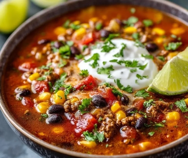 Bowl of easy taco soup made in slow cooker or stove top