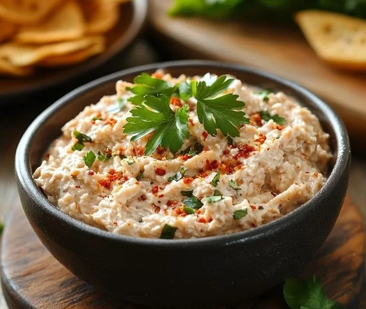 Bowl of easy tuna spread on a wooden table, garnished with herbs.