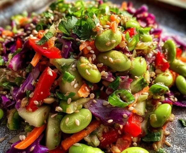 Bowl of colorful edamame salad topped with crunchy vegetables and Asian dressing.