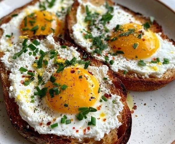 Delicious Egg Ricotta Toast topped with fresh herbs and spices