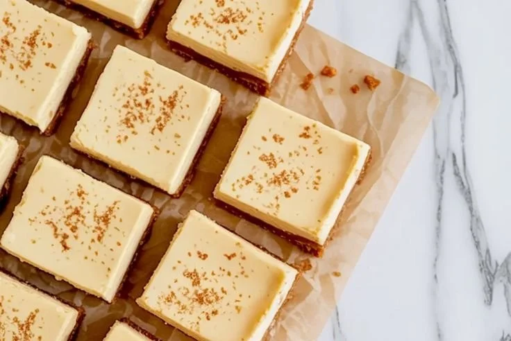 Delicious eggnog cheesecake bars topped with whipped cream and nutmeg.