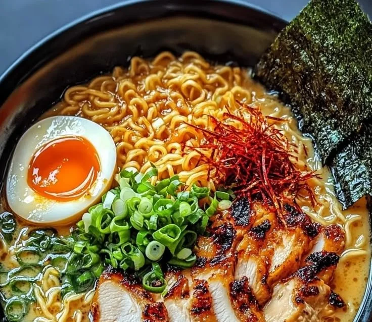 A bowl of fiery chicken ramen topped with creamy garlic sauce