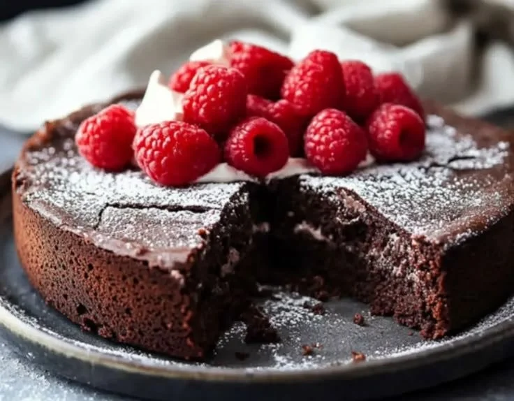 Delicious flourless chocolate cake topped with chocolate ganache and berries.
