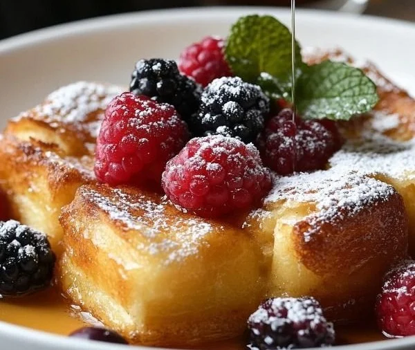 Delicious French toast casserole made with flaky croissants, served warm