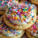 Plate of frosted Funfetti cookies with colorful sprinkles