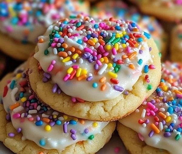 Plate of frosted Funfetti cookies with colorful sprinkles