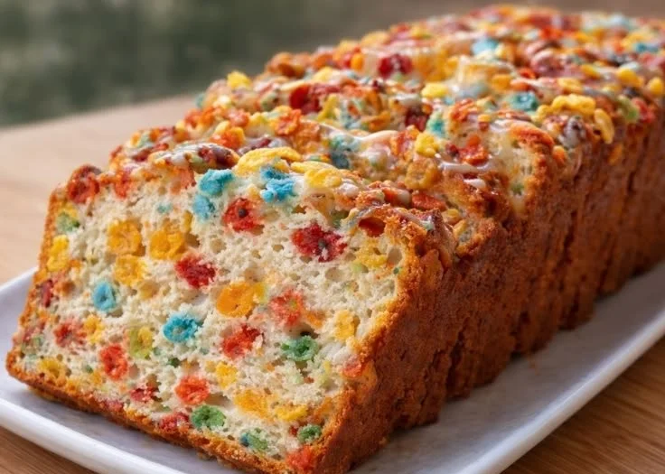 Fruity Pebbles Breakfast Bread garnished with colorful cereal
