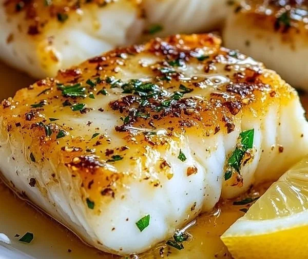 Delicious Garlic Butter Cod fillet served with herbs and lemon