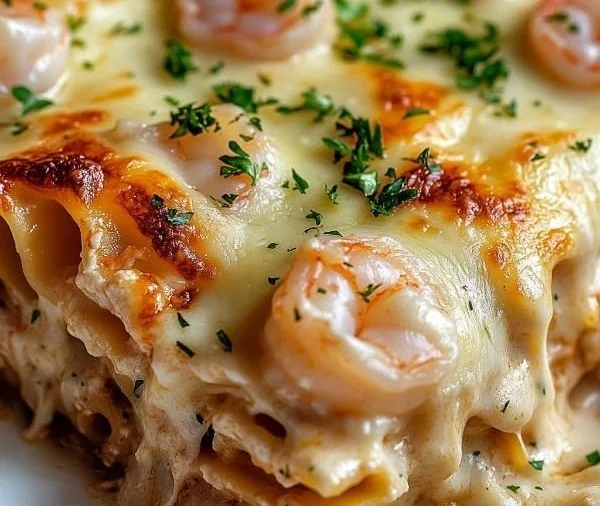 Garlic Butter Shrimp Scampi Lasagna dish garnished with herbs and shrimp.