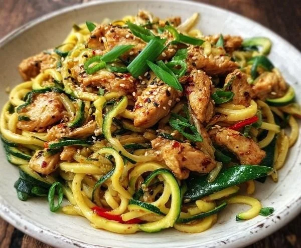 Delicious Garlic Chicken Stir-Fry served with fresh zucchini noodles