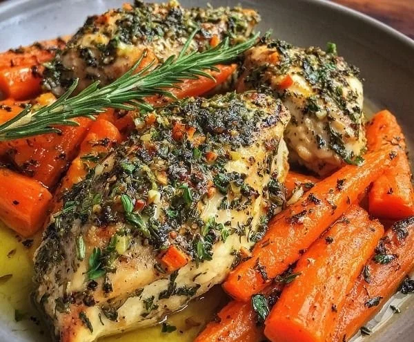 Garlic Herb Chicken with Carrots garnished with fresh herbs
