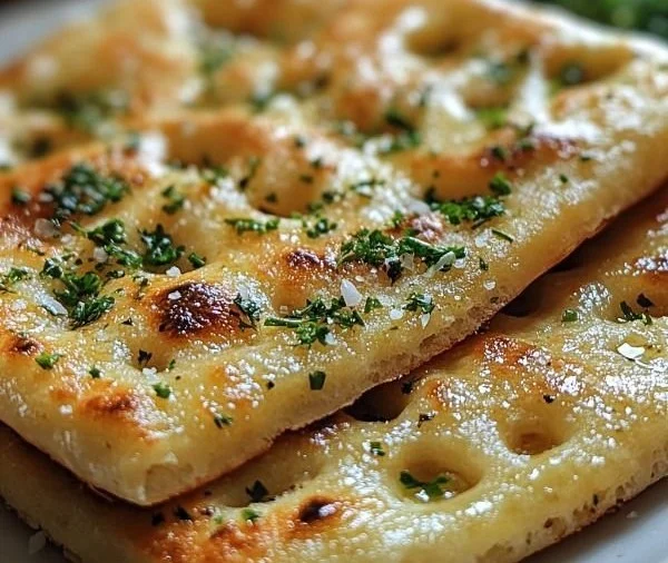 Homemade Garlic Keto Flatbread served on a wooden board