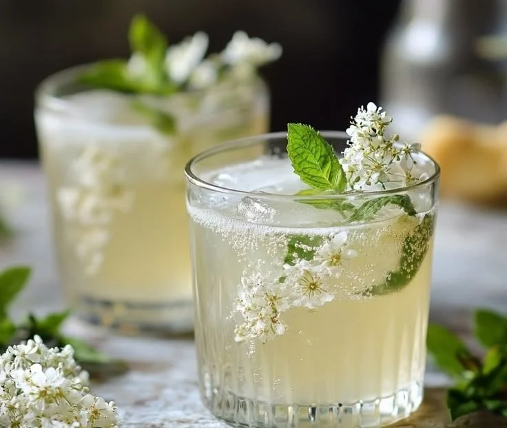 Cocktail glass featuring a Gin Elderflower Smash drink with garnishes