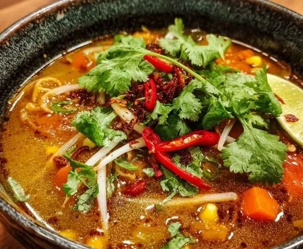 Bowl of ginger-infused spicy soup garnished with fresh herbs
