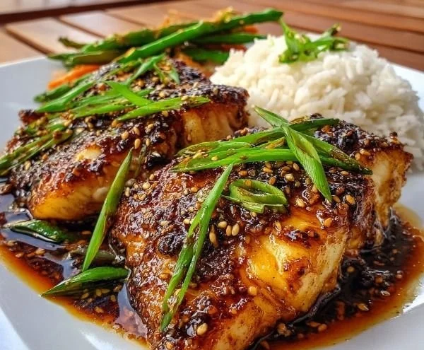 Delicious ginger soy-glazed cod served on a plate with vegetables.