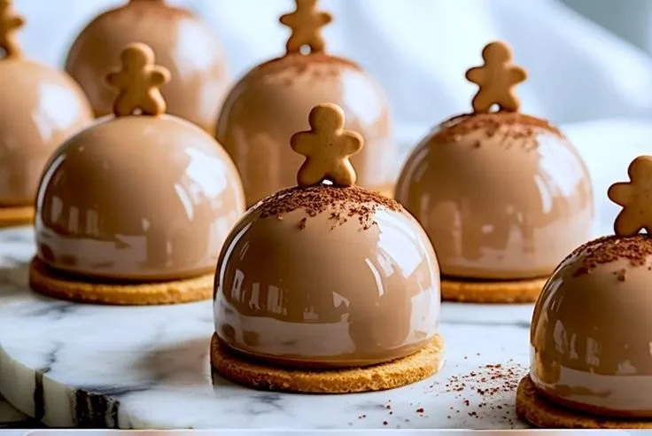 Gingerbread Latte Mousse Domes with festive decorations