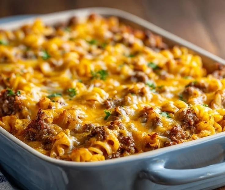 Delicious Grandma's Hamburger Casserole served in a baking dish