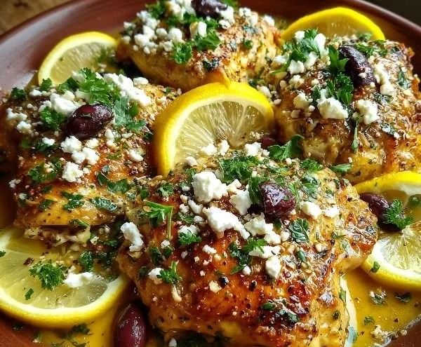 Plate of Greek Lemon Chicken with Feta garnished with herbs and lemon slices