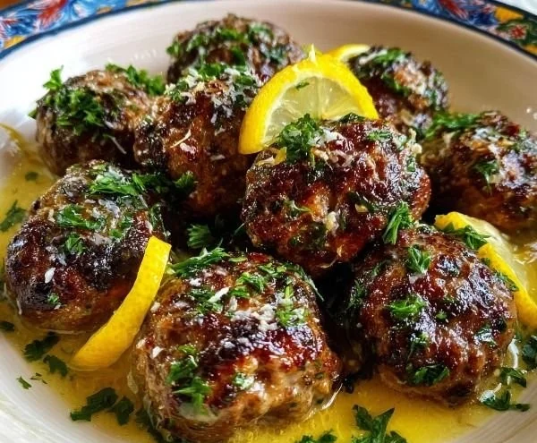 Delicious Greek meatballs served with tangy lemon sauce on a plate.
