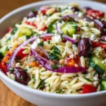 Colorful Greek Orzo Salad with fresh vegetables and feta cheese.
