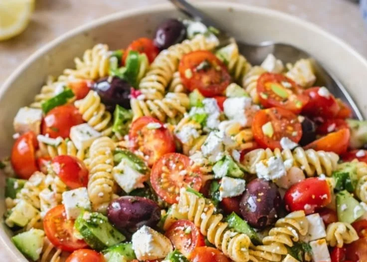 Bowl of colorful Greek pasta salad with tomatoes, olives, and feta cheese