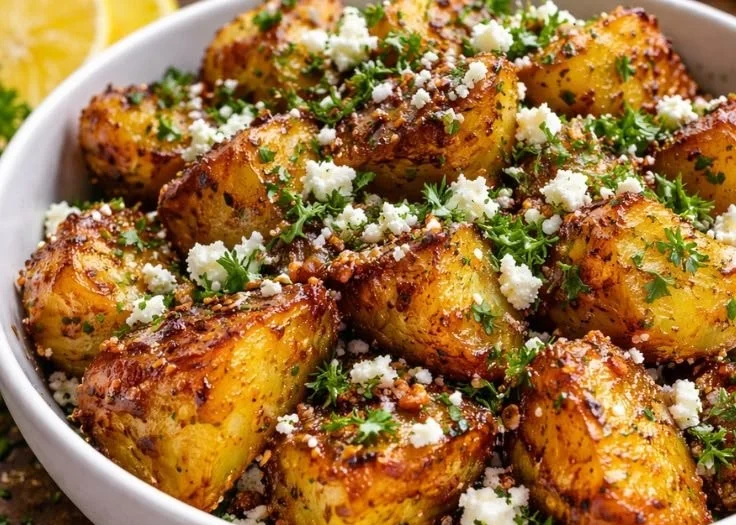 Delicious Greek roast potatoes with lemon and feta, a perfect side dish.