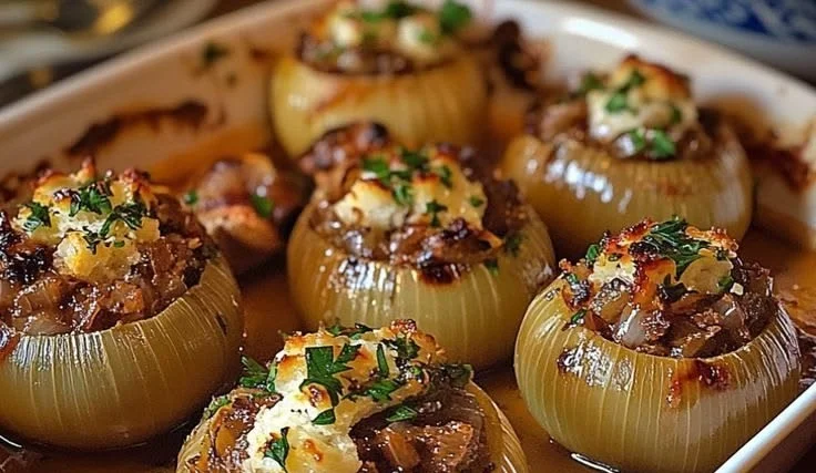 Greek stuffed onions filled with savory ingredients for a delicious meal