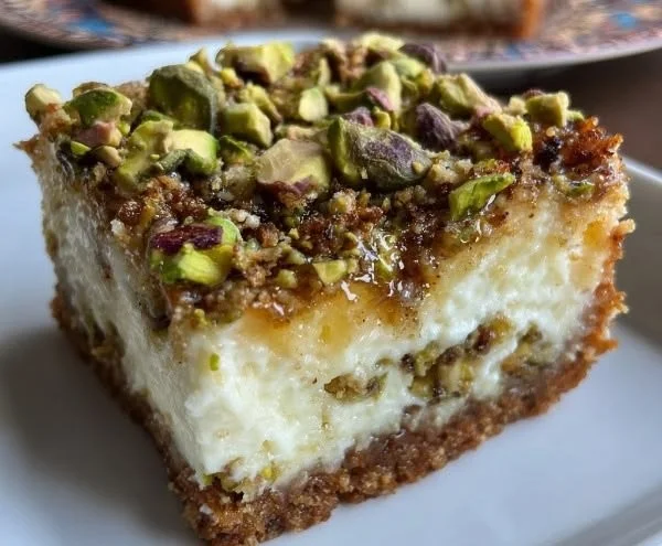Greek-Style Honey Pistachio Cheesecake Bars topped with pistachios and honey.