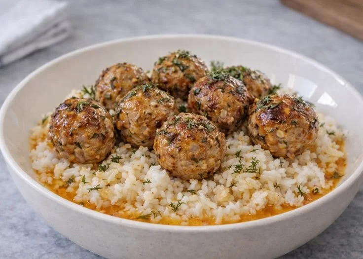 Delicious Greek turkey meatballs served with lemon herb rice on a plate.