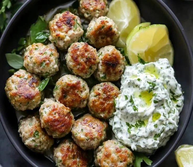 Bowl of Greek Turkey Meatballs served with Tzatziki sauce