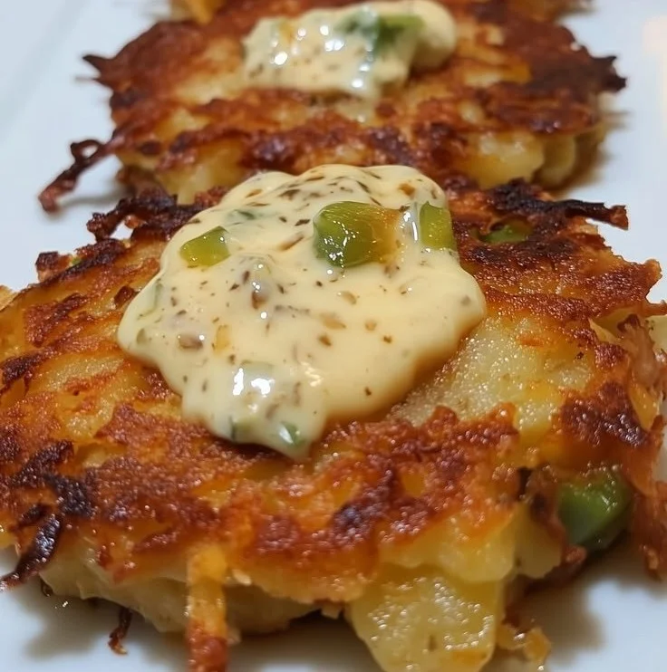 Green chile cheese potato cakes served with green chile sour cream on a plate